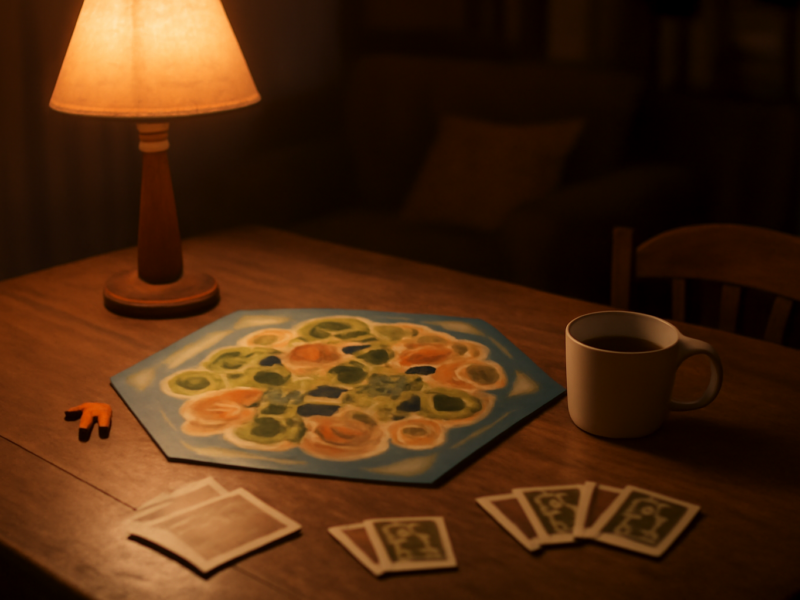 Meja makan dengan board game strategi yang sedang dimainkan di malam hari