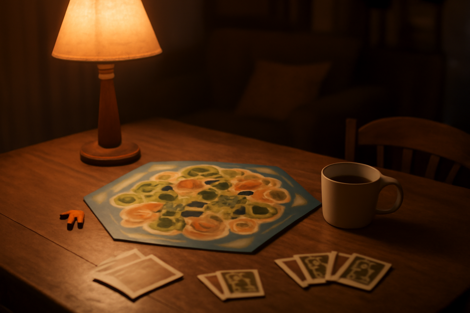 Meja makan dengan board game strategi yang sedang dimainkan di malam hari