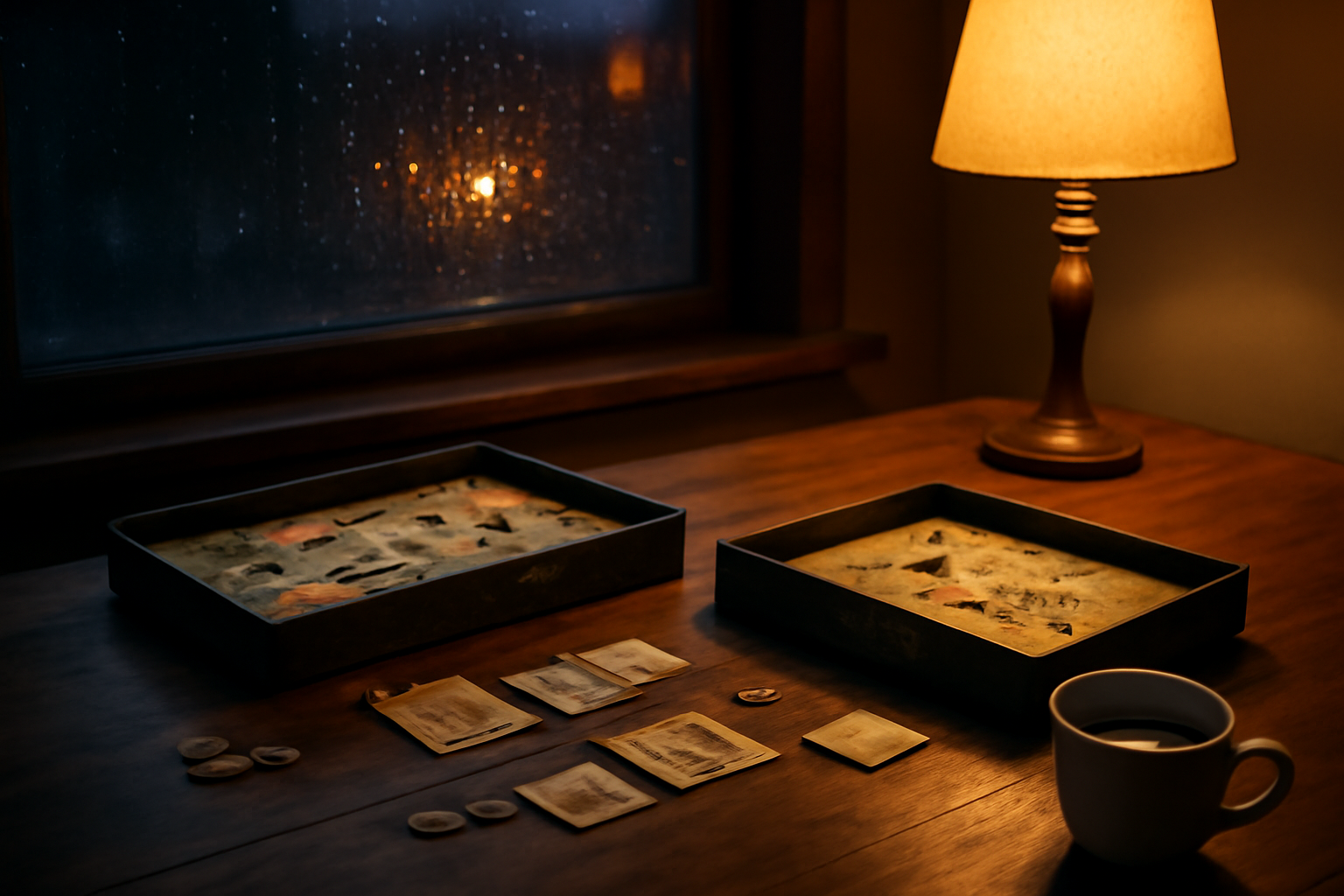 Meja kayu dengan dua board game strategi terbuka untuk dimainkan berdua saat malam hujan