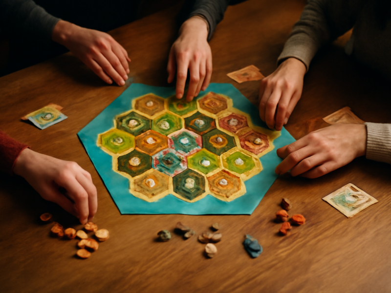 Tiga pemain duduk mengelilingi meja dengan board game strategi modular dan token kayu