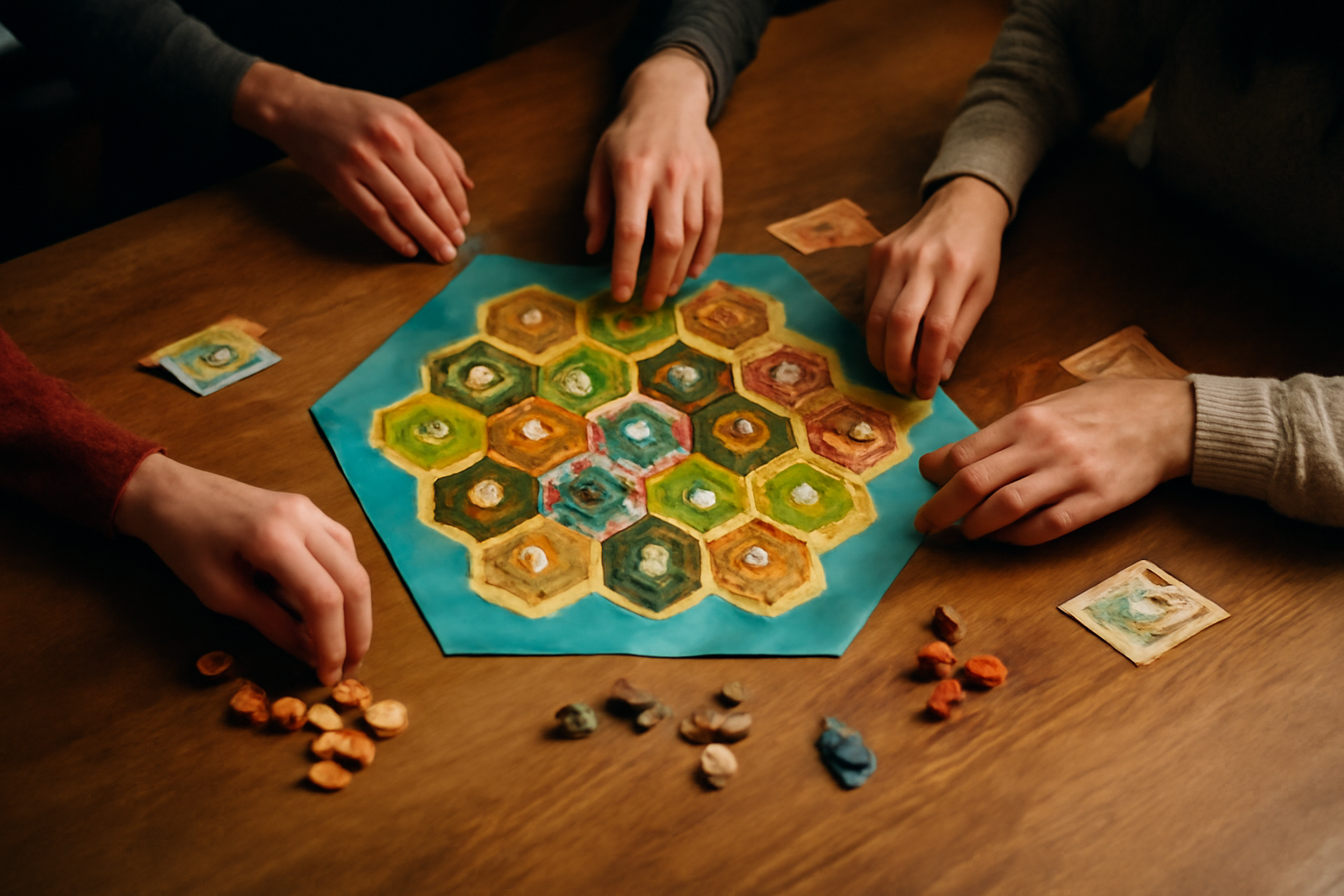Tiga pemain duduk mengelilingi meja dengan board game strategi modular dan token kayu