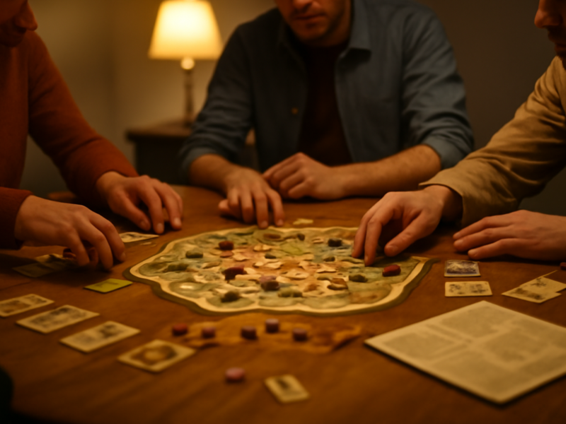 Empat pemain mengelilingi meja dengan board game strategi, kartu dan bidak kayu berserakan
