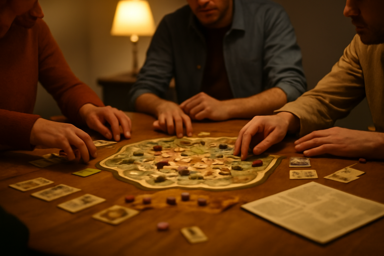 Empat pemain mengelilingi meja dengan board game strategi, kartu dan bidak kayu berserakan