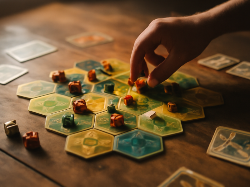 Papan board game strategi dengan bidak kayu yang tersusun di tengah permainan