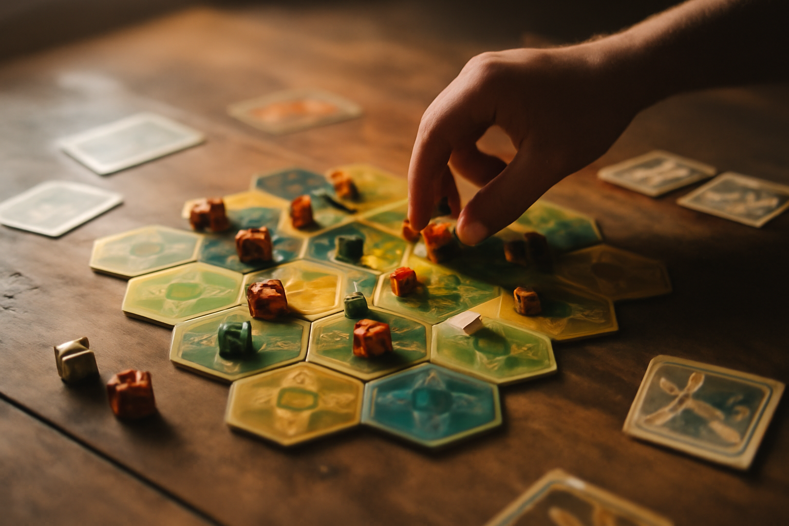 Papan board game strategi dengan bidak kayu yang tersusun di tengah permainan
