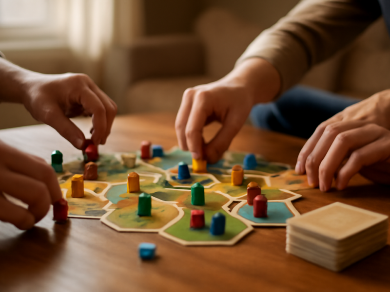 Komponen board game strategi berwarna-warni tersusun di atas meja kayu saat dimainkan bersama
