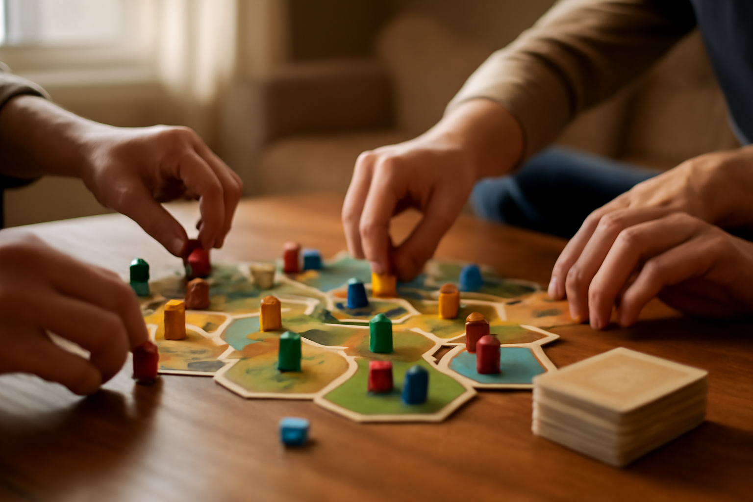 Komponen board game strategi berwarna-warni tersusun di atas meja kayu saat dimainkan bersama