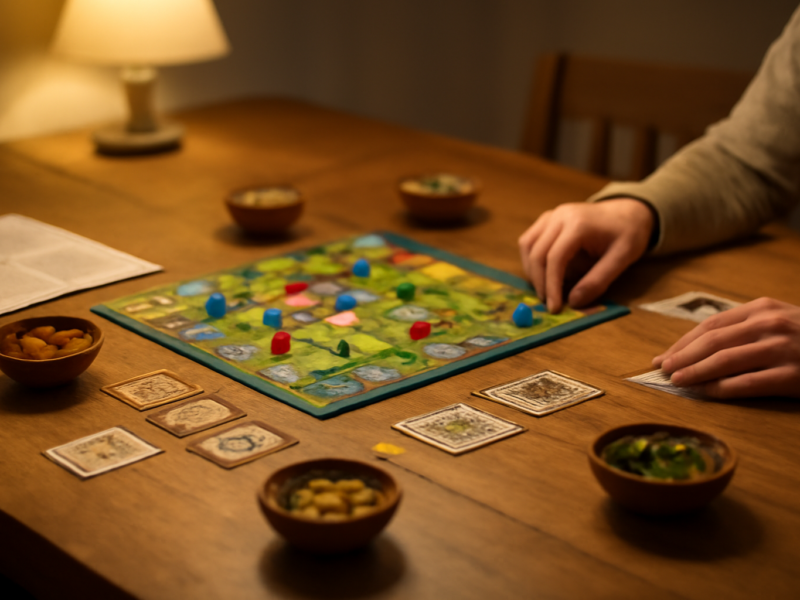 Meja makan tertata untuk sesi board game strategi dengan papan di tengah dan wadah token terpisah