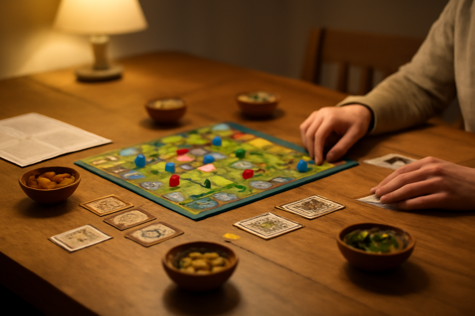 Meja makan tertata untuk sesi board game strategi dengan papan di tengah dan wadah token terpisah