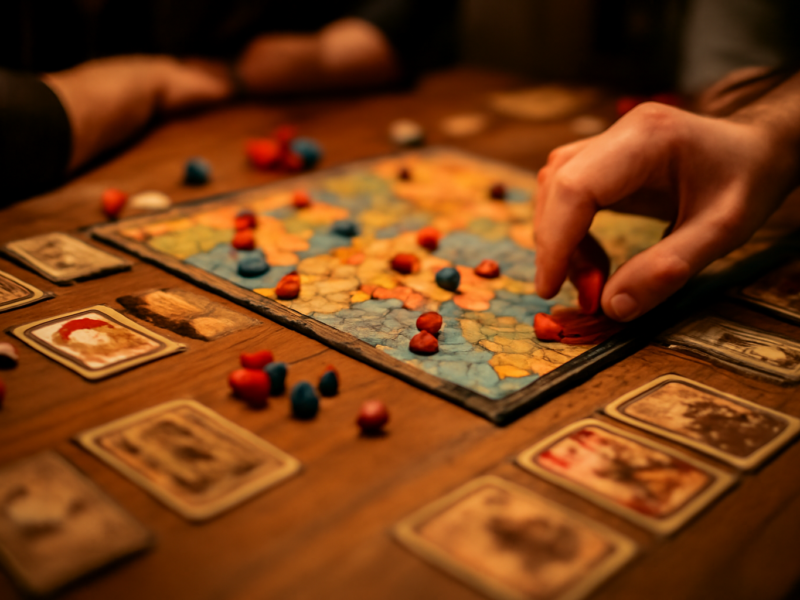 Permainan board game strategi dengan bidak dan peta yang sedang dimainkan