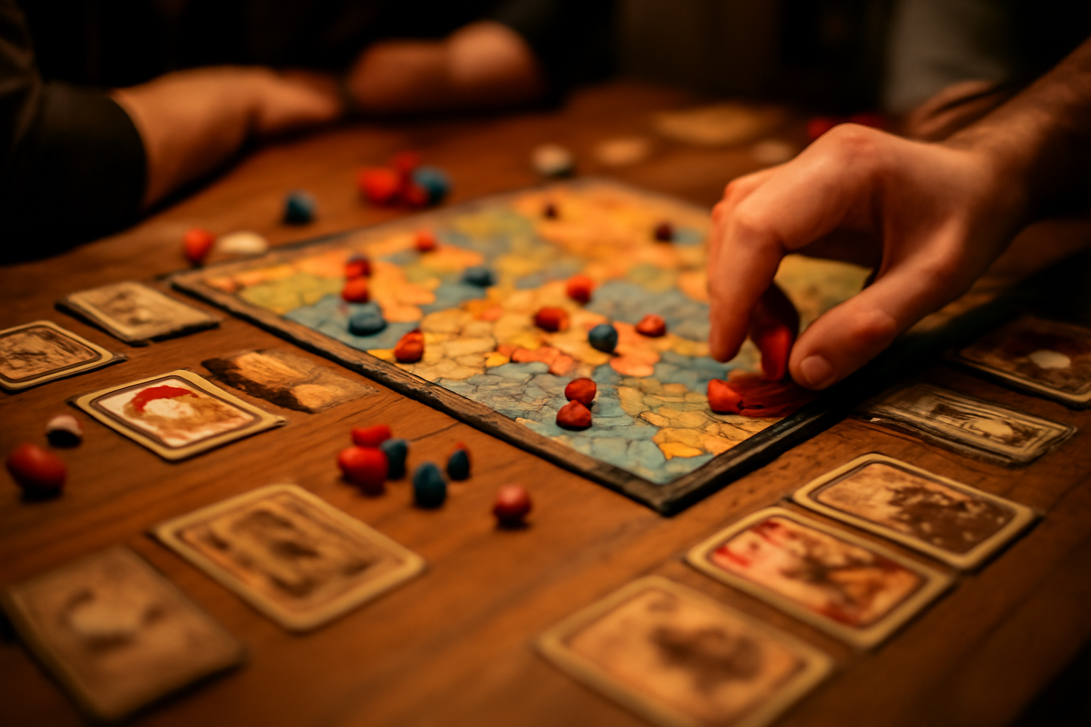 Permainan board game strategi dengan bidak dan peta yang sedang dimainkan