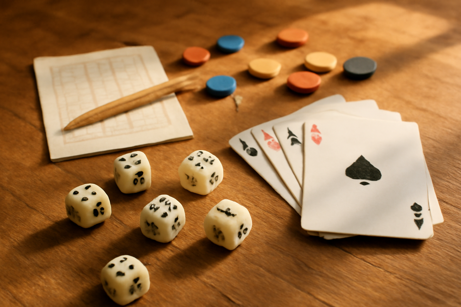 Meja board game strategi dengan dadu, kartu, dan lembar catatan untuk menghitung peluang