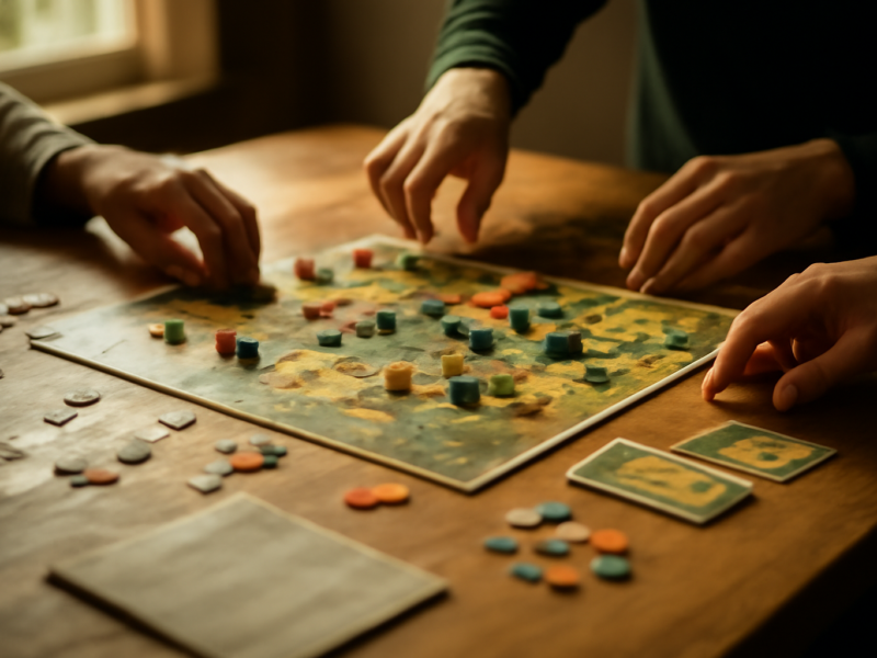 Meja dengan board game strategi yang sedang dimainkan, token dan kartu tersusun di atas papan
