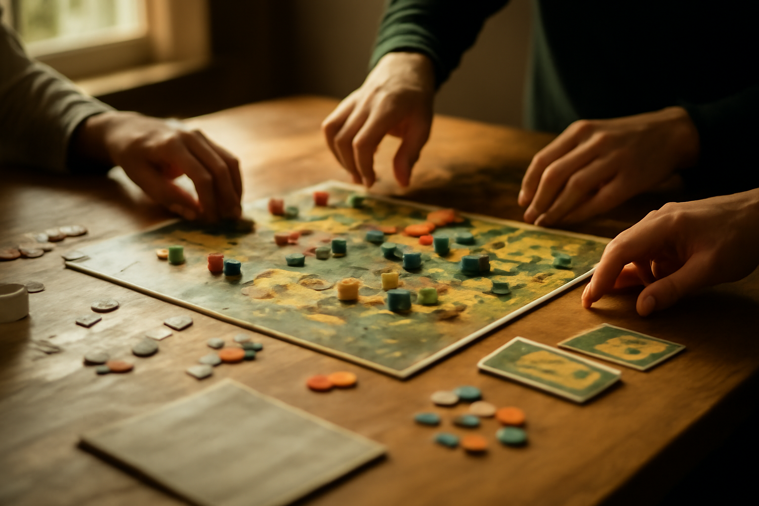 Meja dengan board game strategi yang sedang dimainkan, token dan kartu tersusun di atas papan