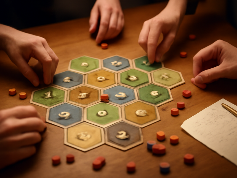 Pemain sedang bernegosiasi dan menukar sumber daya di atas papan board game strategi