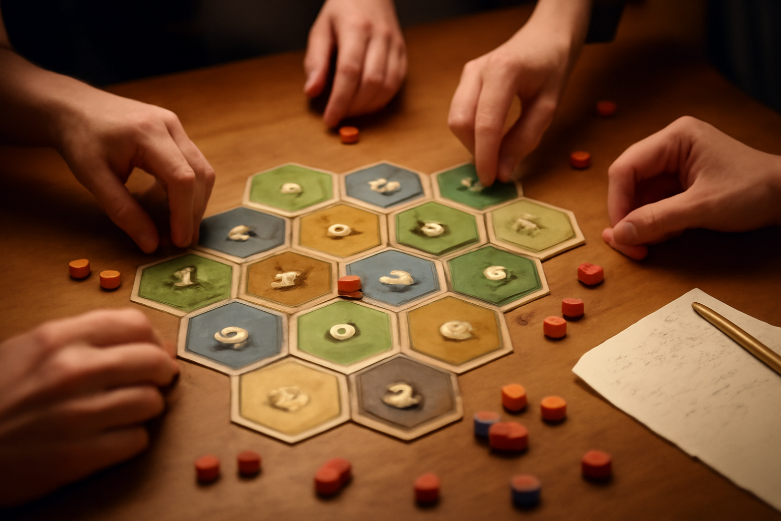 Pemain sedang bernegosiasi dan menukar sumber daya di atas papan board game strategi