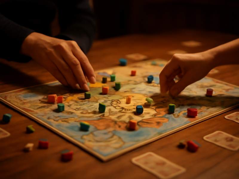 Meja dengan board game strategi yang sedang dimainkan dan bidak tersebar di atas papan