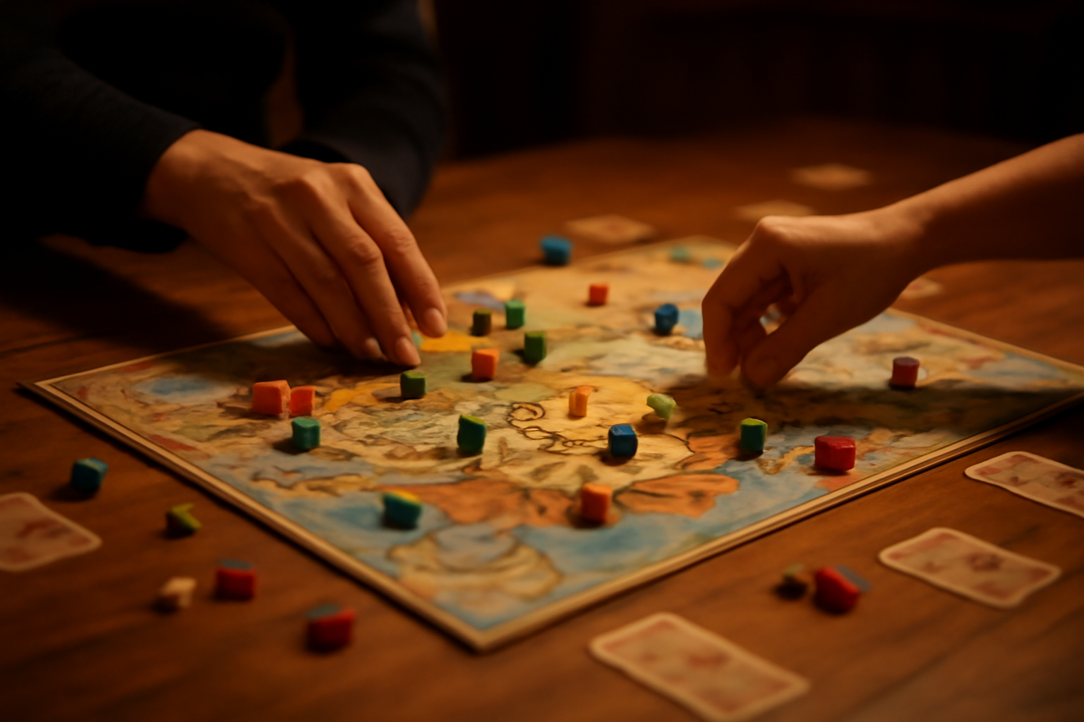 Meja dengan board game strategi yang sedang dimainkan dan bidak tersebar di atas papan