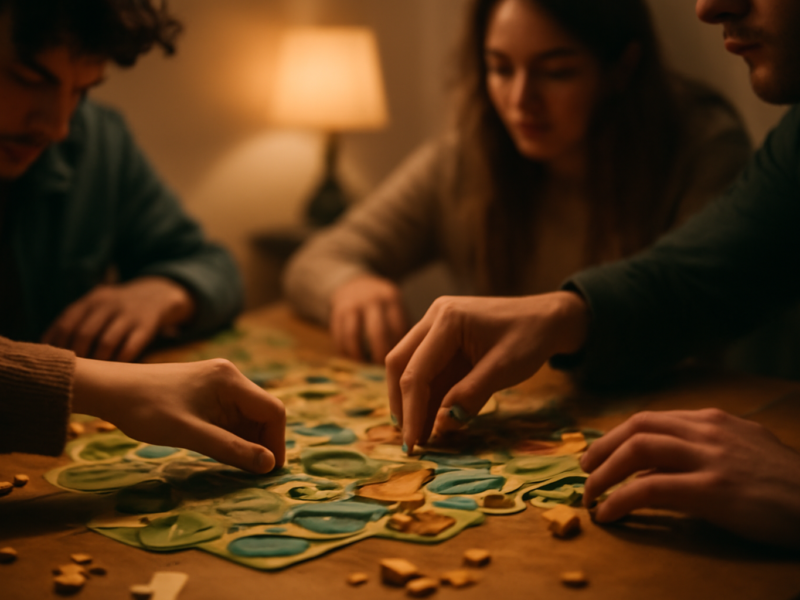 Empat pemain duduk mengelilingi meja sambil menyusun bidak pada board game strategi