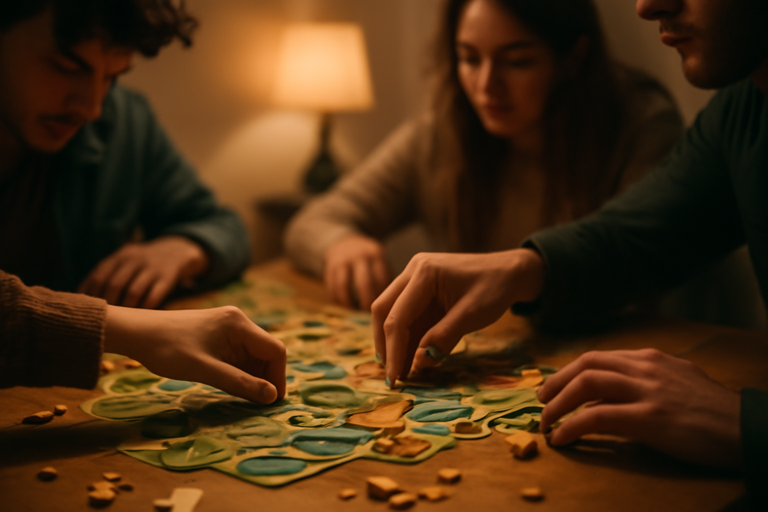 Empat pemain duduk mengelilingi meja sambil menyusun bidak pada board game strategi