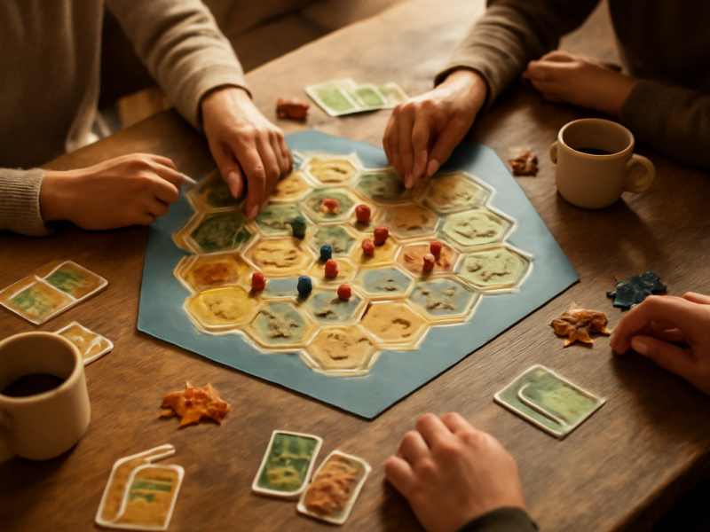Empat pemain duduk mengelilingi meja kayu sambil memindahkan token di papan board game strategi.