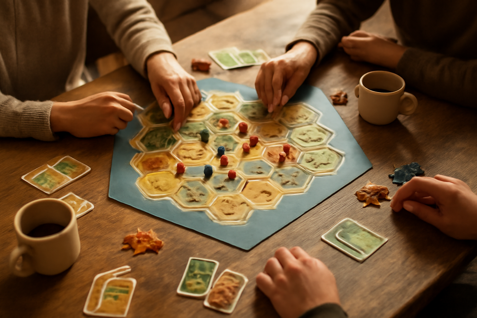 Empat pemain duduk mengelilingi meja kayu sambil memindahkan token di papan board game strategi.